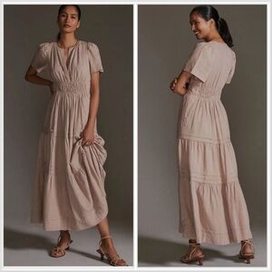 Anthropologie The Somerset Linen Flowy Tiered Short Sleeve Maxi Dress Tan sz 2X